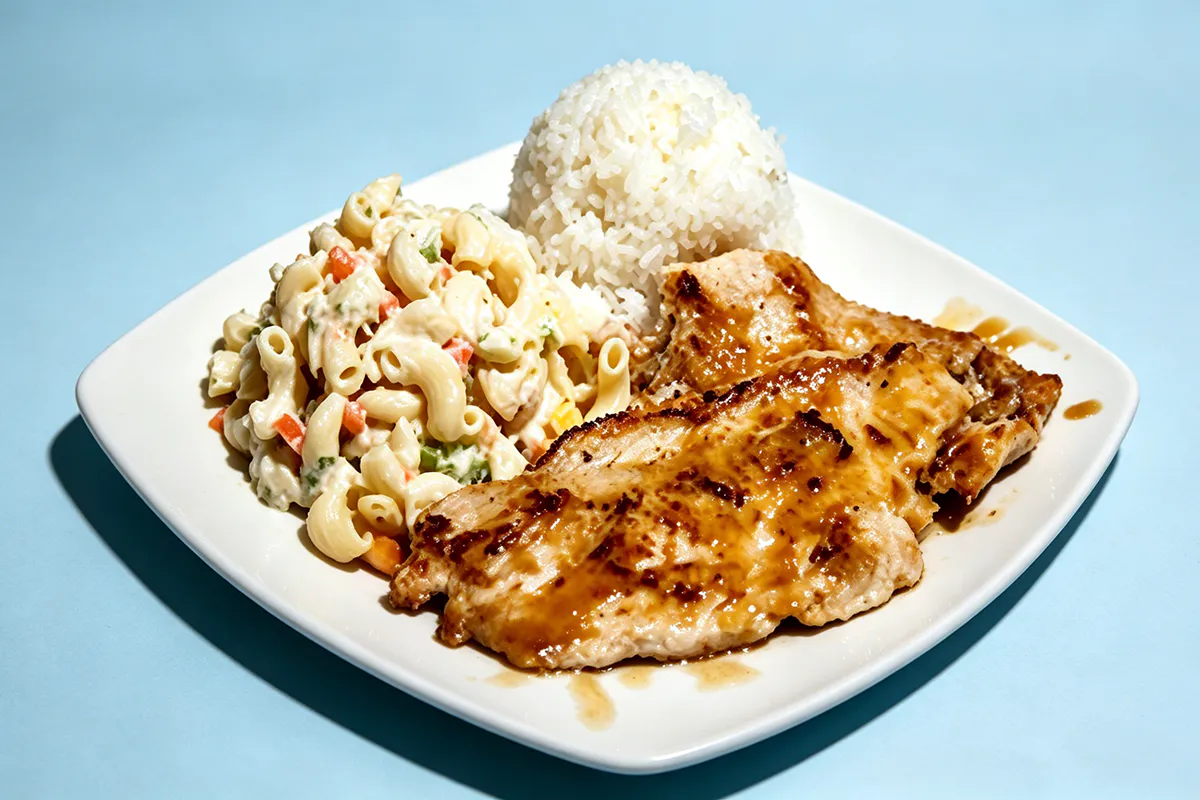 Savory grilled teriyaki chicken rice mac salad plate at IGrill, a Hawaiian Restaurant in Nanuet