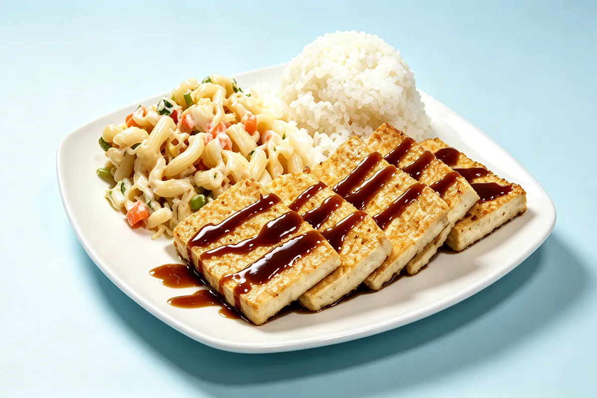 Grilled teriyaki tofu rice mac salad plate at IGrill, a Hawaiian Restaurant in Nanuet