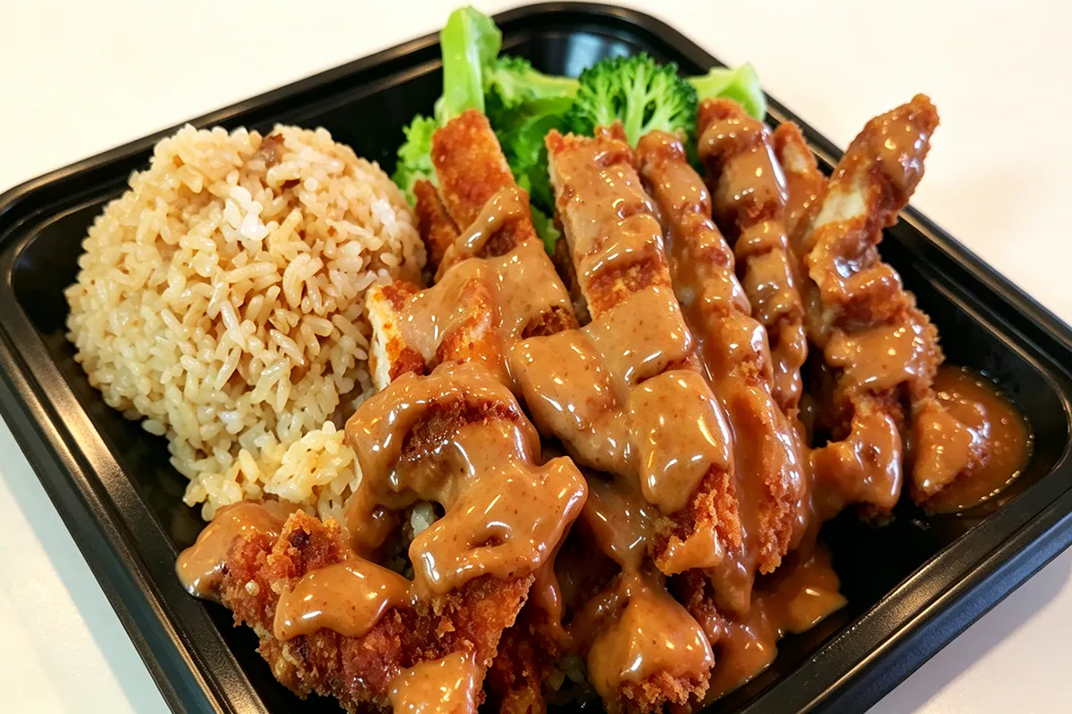Crispy chicken katsu with gravy rice broccoli at IGrill, a Hawaiian Restaurant in Nanuet