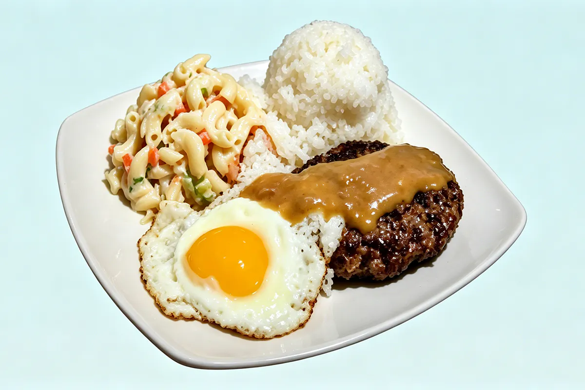 Beef patty loco moco with egg rice mac salad at IGrill, a Hawaiian Restaurant in Nanuet