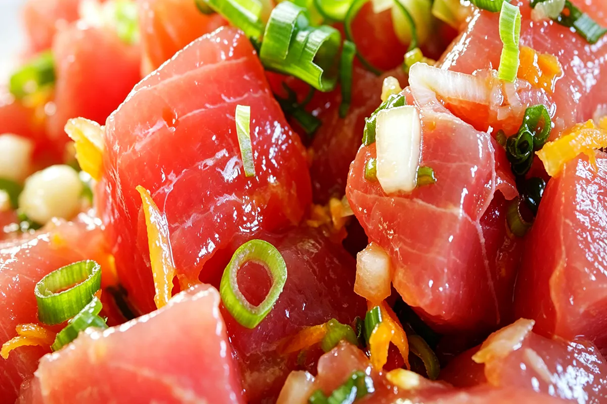 Fresh raw tuna poke with green onions and seasonings at IGrill, a Hawaiian Restaurant in Nanuet