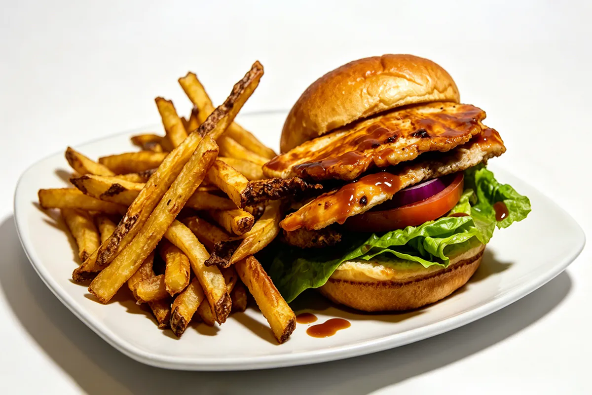 Grilled teriyaki chicken burger with crispy fries at IGrill, a Hawaiian Restaurant in Nanuet
